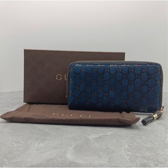 Gucci Vintage Rare Limited Edition Bamboo Blue Suede Leather Continental Large Z - Picture 1 of 13